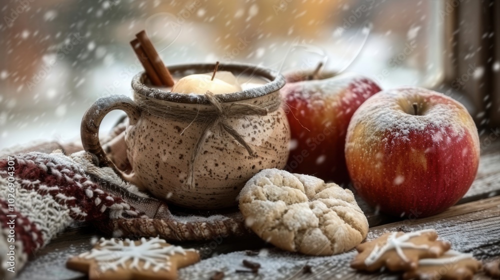 Fototapeta premium Warm Apple Cider with Cinnamon Sticks in Cozy Setting