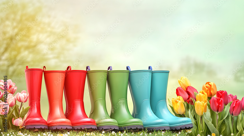 Fototapeta premium Vibrant Rain Boots Among Colorful Spring Flowers for wallpaper and background