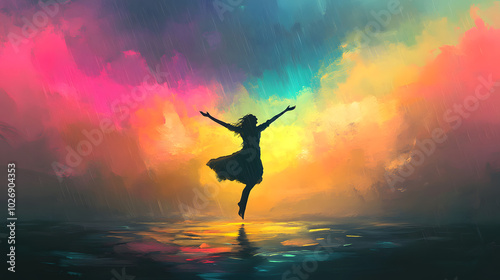 Dancing Barefoot in a Colorful Rainy Field