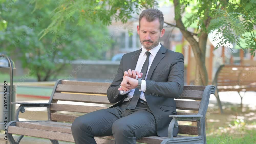 Middle Aged Businessman Using Smartwatch while Sitting Outdoor Middle Aged Businessman Using Smartwatch while Sitting Outdoor