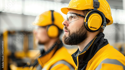 Workers wearing ear protection and safety glasses in warehouse setting, focused on their tasks. Their bright yellow helmets and jackets enhance visibility and safety