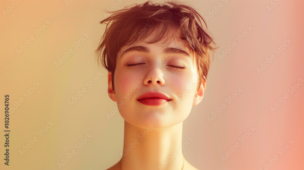 Serene Woman Smiling with Eyes Closed in Gentle Sunlight