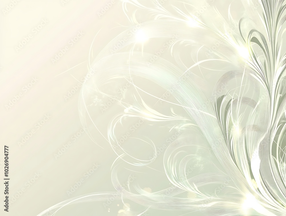 Abstract light green and white swirls with sparkling lights on a light beige background. Abstract light green and white swirls with sparkling lights on a light beige background.