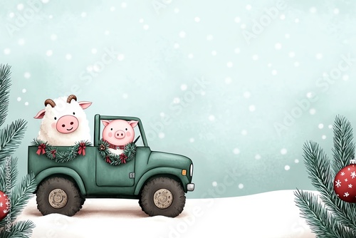 Cheerful pig and cow in a festive truck, surrounded by snow and holiday decor, perfect for seasonal themes. photo