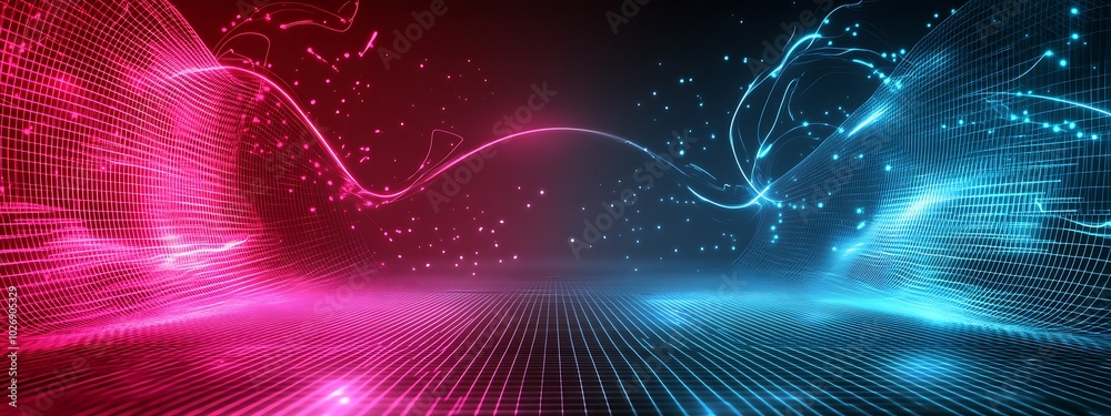 Abstract neon lights with glowing waves on a dark background.