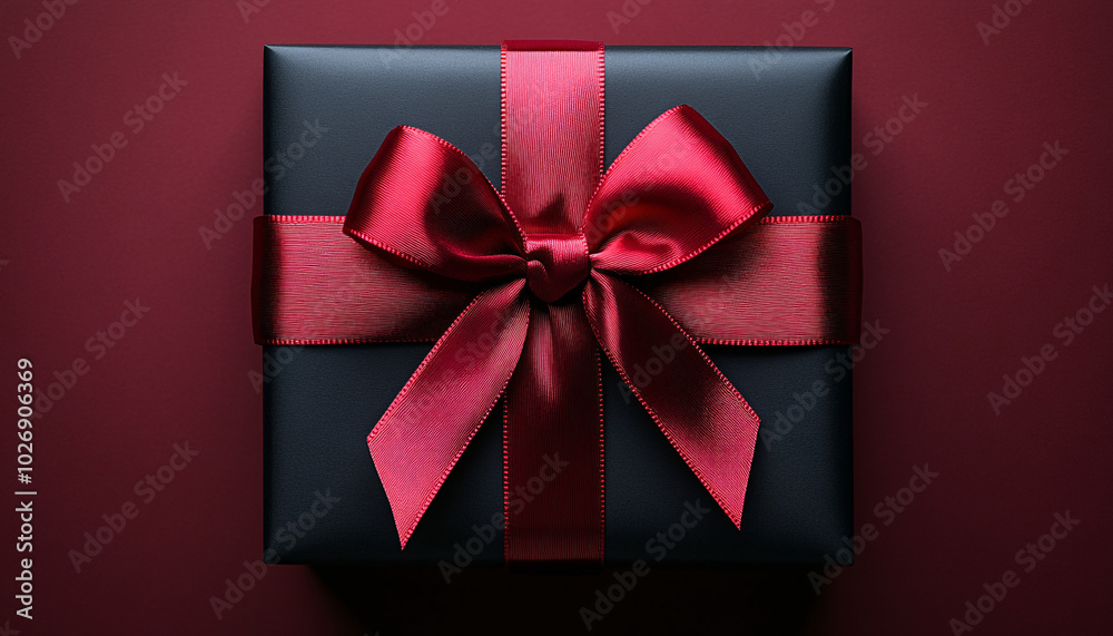 Black gift box with a bright red satin ribbon, placed at the intersection of a matte black and rich burgundy backdrop, capturing elegance and surprise.... Black gift box with a bright red satin ribbon, placed at the intersection of a matte black and rich burgundy backdrop, capturing elegance and surprise....