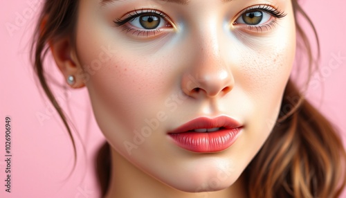 Close up portrait of a young woman with light brown hair and green eyes looking into the camera against a soft pink background.