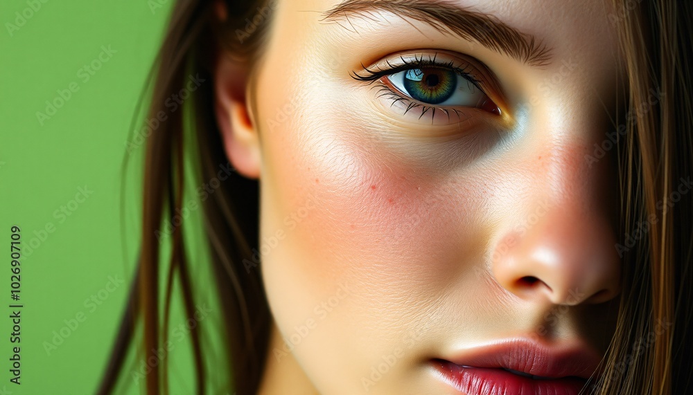 Close up portrait of a woman's face with a green background and soft lighting Close up portrait of a woman's face with a green background and soft lighting