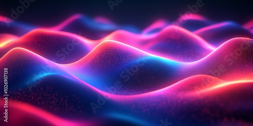 Abstract glowing neon waves in pink and blue with a dark background.