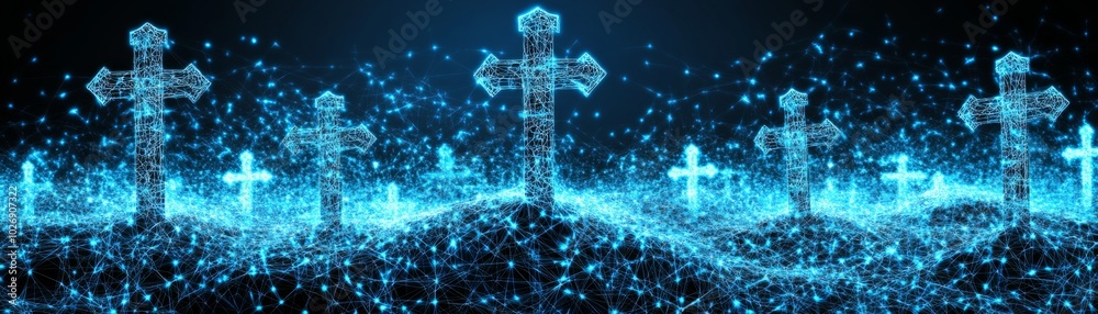 Obraz premium Digital Graveyard, a surreal landscape of glowing blue crosses amidst a network of interconnected lights, symbolizing the fusion of life and technology in a spiritual context.