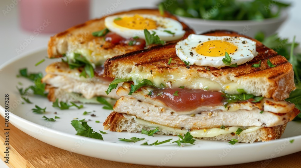 Grilled Chicken and Cheese Sandwich with Egg and Ketchup on Cutting Board Grilled Chicken and Cheese Sandwich with Egg and Ketchup on Cutting Board