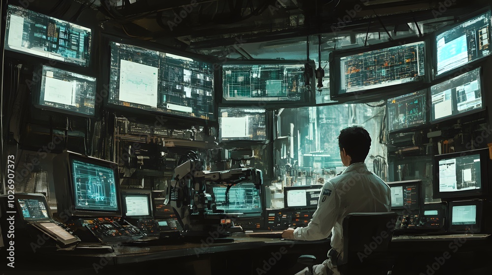 A Man Monitoring Security Screens in a Futuristic Control Room A Man Monitoring Security Screens in a Futuristic Control Room