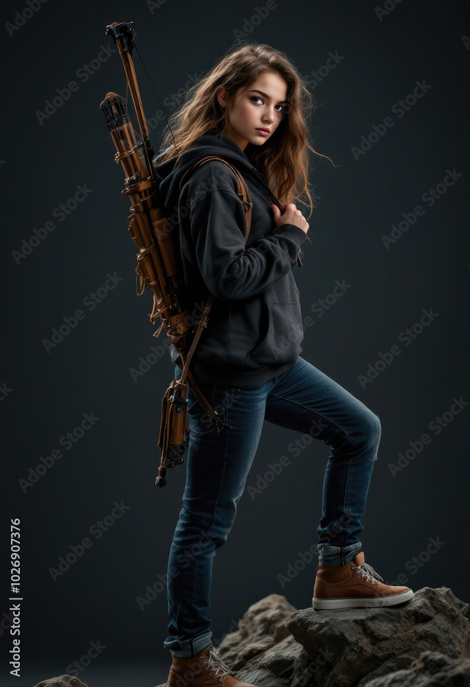 Fototapeta premium A teen girl holding a crossbow is seriously standing on a mountain rock with a dark gray background.
