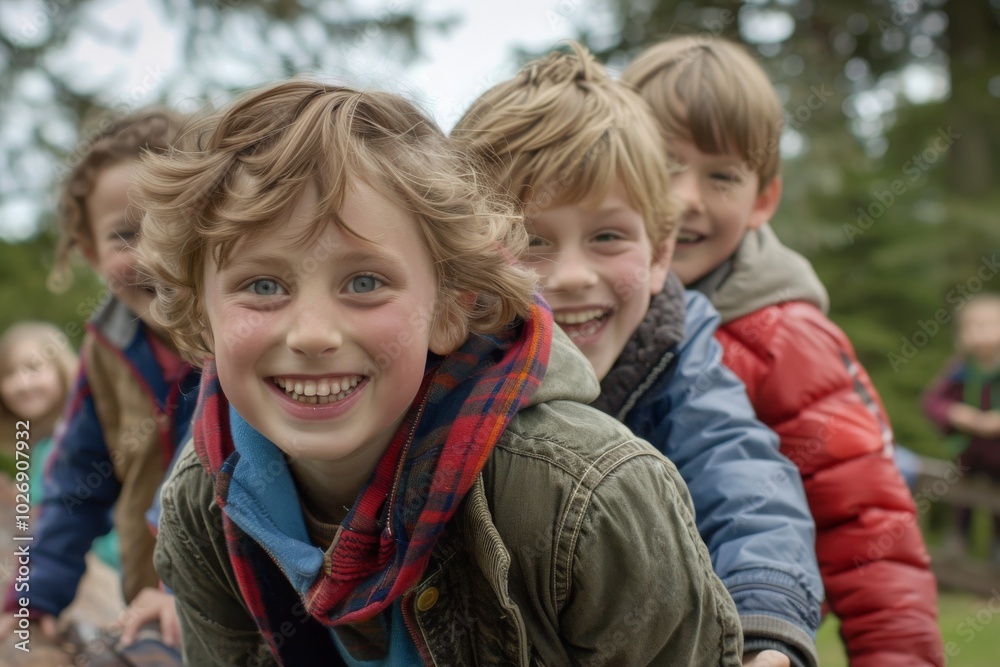 Portrait of a group of smiling children in the park on a sunny day Portrait of a group of smiling children in the park on a sunny day