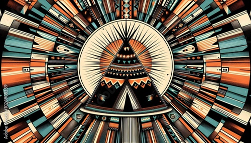 black tipi made from sun light rays , bright colors , pendleton background repeated in form of a circle photo