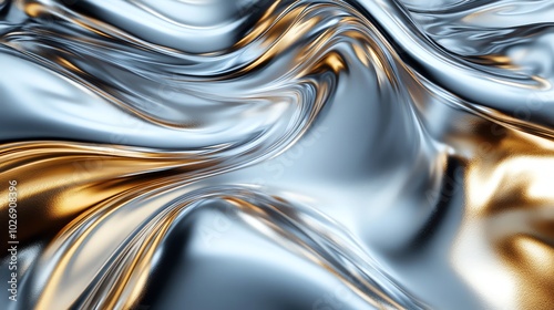 Abstract liquid metal background with swirling, flowing, and rippling textures in silver and gold colors.