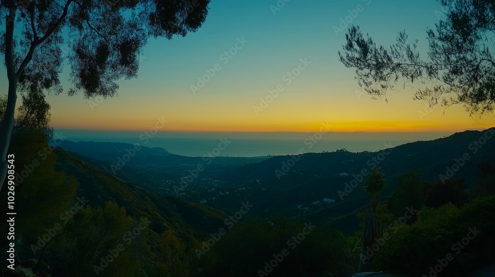 Breathtaking Mountain Sunset Landscape with Silhouette of Trees Breathtaking Mountain Sunset Landscape with Silhouette of Trees