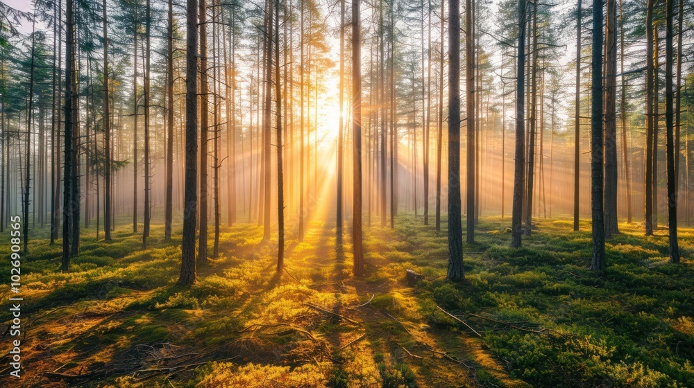 Obraz premium Golden Rays of Sunlight Filtering Through Tall Pine Trees in a Misty Forest