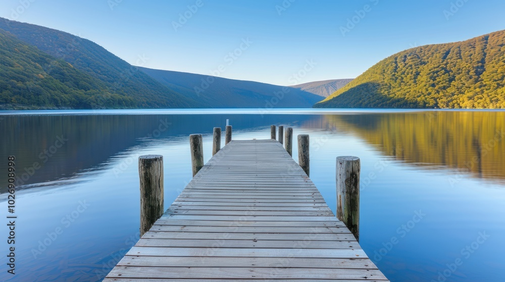 Wooden Dock Extending Into Serene Mountain Lake Wooden Dock Extending Into Serene Mountain Lake