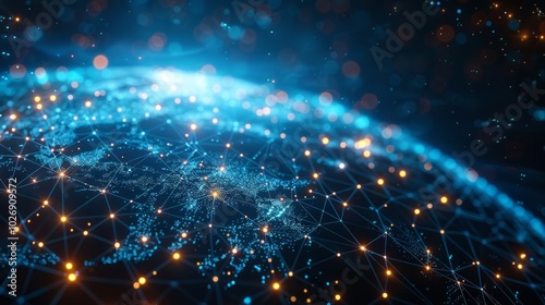 Blue and gold network glowing on a blue and black globe. AI generative. .