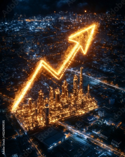 Industrial Growth, an illuminated cityscape showcases a vibrant refinery with glowing pathways, symbolizing economic ascent and innovation in urban energy sectors.