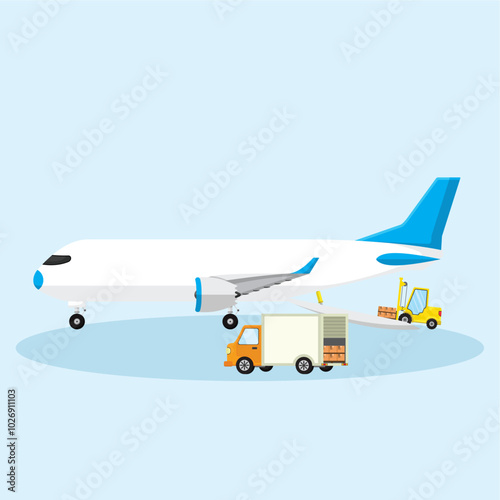 concept illustration of a cargo plane being unloaded or loaded with goods, flat style vector illustration.