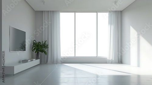 A 3D render of a modern living room setup with a large window, isolated on a solid gray background