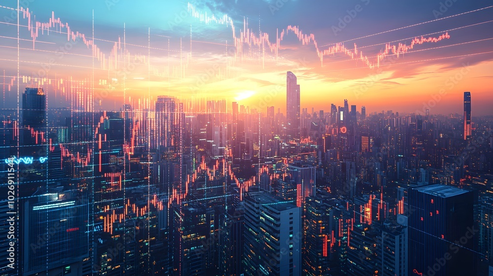 Stock graph increasing with a bright sky over a large city Stock graph increasing with a bright sky over a large city