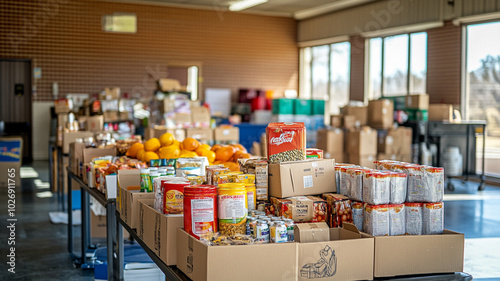 Community food pantry filled with donations for families in need during the afternoon