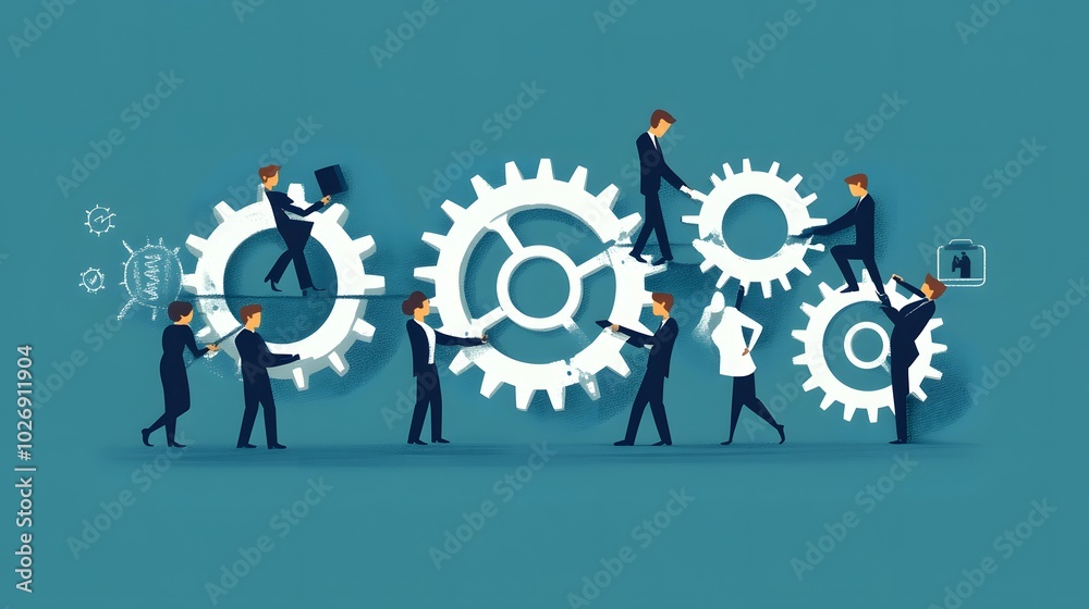 Businesspeople Working Together to Move Interlocking Gears Businesspeople Working Together to Move Interlocking Gears