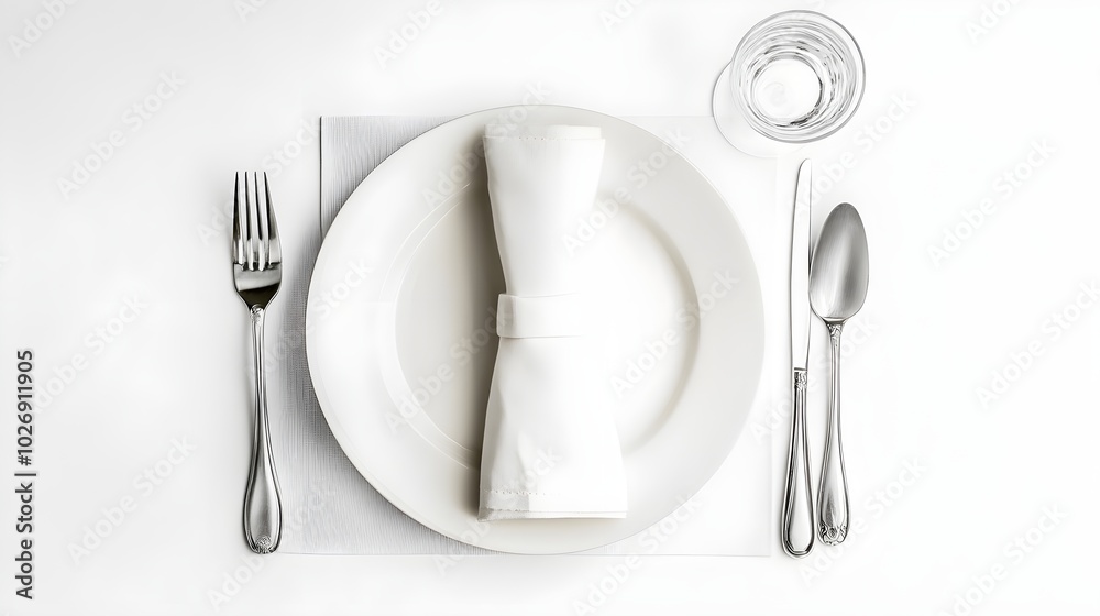 Elegant White Plate Setting with Napkin and Water Glass Elegant White Plate Setting with Napkin and Water Glass