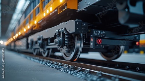 Close-Up View of Modern Train Wheels on Track