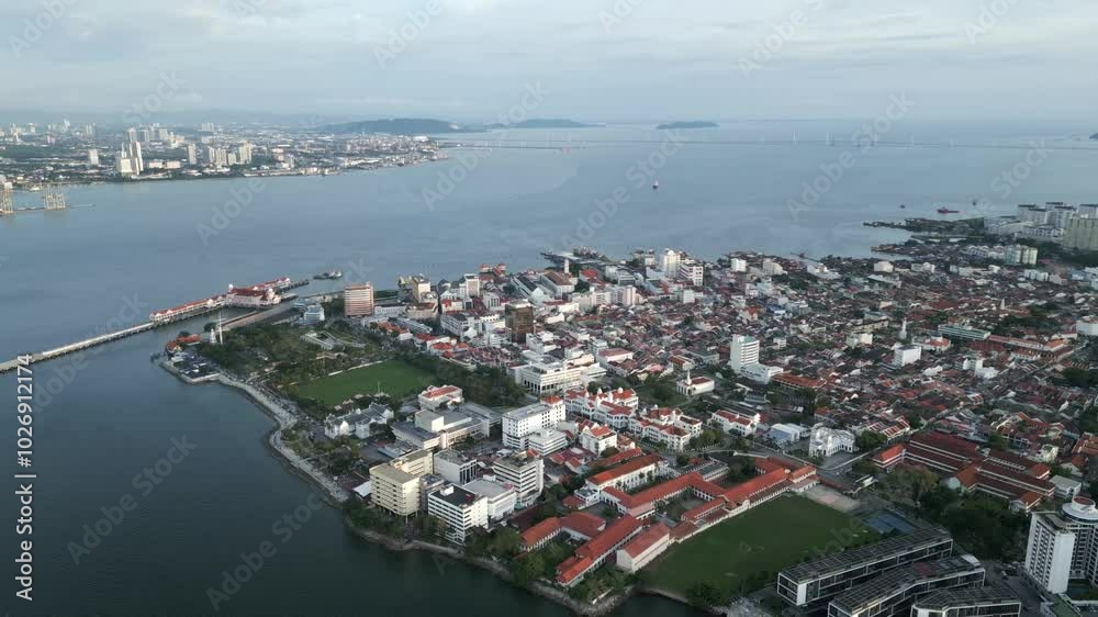 Aerial citysape skyline of George Town Penang Island Malaysia old historical colonial  architecture at sunset 