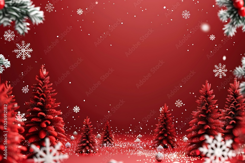 A vibrant red background perfect for Christmas celebrations, featuring snowy trees and delicate snowflakes, creating a cheerful and festive atmosphere for holiday-themed projects. A vibrant red background perfect for Christmas celebrations, featuring snowy trees and delicate snowflakes, creating a cheerful and festive atmosphere for holiday-themed projects.