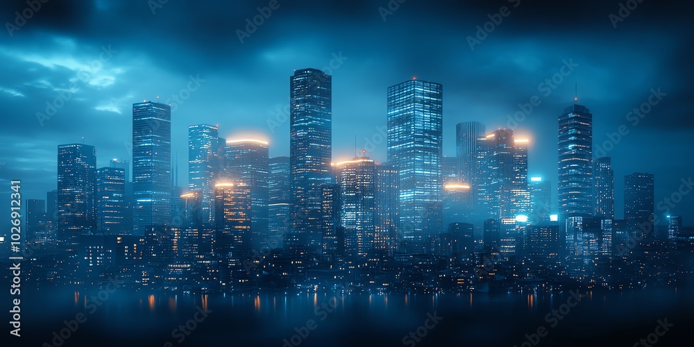 A futuristic cityscape with glowing lights against a blue sky. A futuristic cityscape with glowing lights against a blue sky.