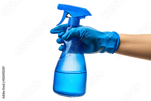 Blue Gloved Hand-Holding Spray Bottle isolated on a transparent background