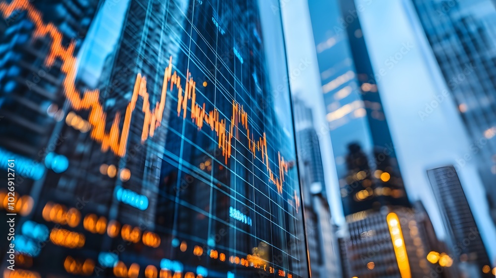 Stock graph on the rise with a backdrop of towering buildings in a business hub