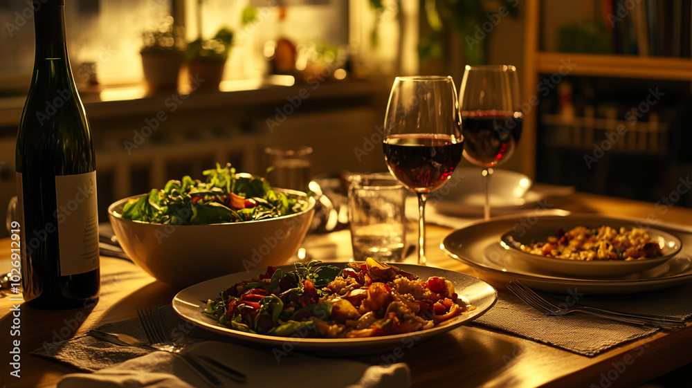A cozy dinner table set for an evening with friends featuring gourmet dishes and wine A cozy dinner table set for an evening with friends featuring gourmet dishes and wine