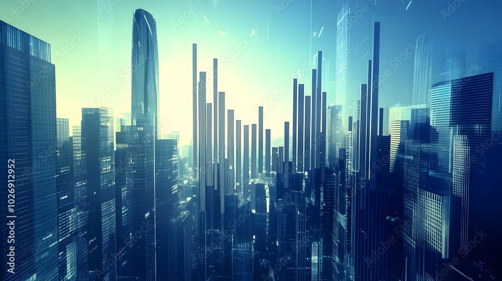 Increasing stock bar chart with urban skyscrapers and stock market setting Increasing stock bar chart with urban skyscrapers and stock market setting