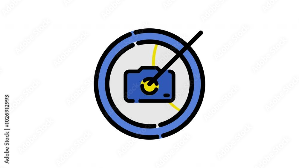 Animated prohibited camera with black outline and yellow camera lens on white background. Suitable for technology or photography themes. Minimalist design.
Animated prohibited camera with black outline and yellow camera lens on white background. Suitable for technology or photography themes. Minimalist design.