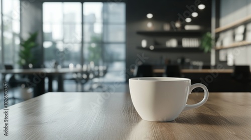 A white coffee cup sits on a wooden table in front of a modern office.