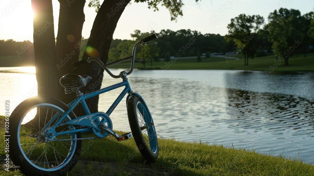 Fototapeta premium Blue Bicycle Parked by a Lake with Sunset Glare