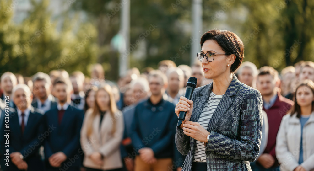 Obraz premium Woman doing a speech outdoor in front of a crowd.