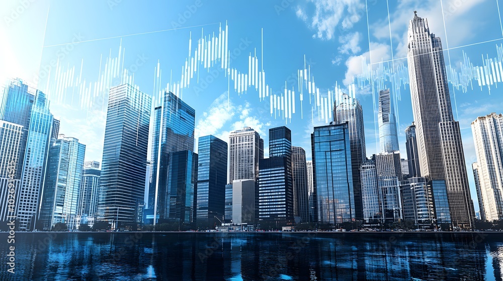 Fototapeta premium Bar chart of stocks rising with tall buildings in the backdrop of a busy city
