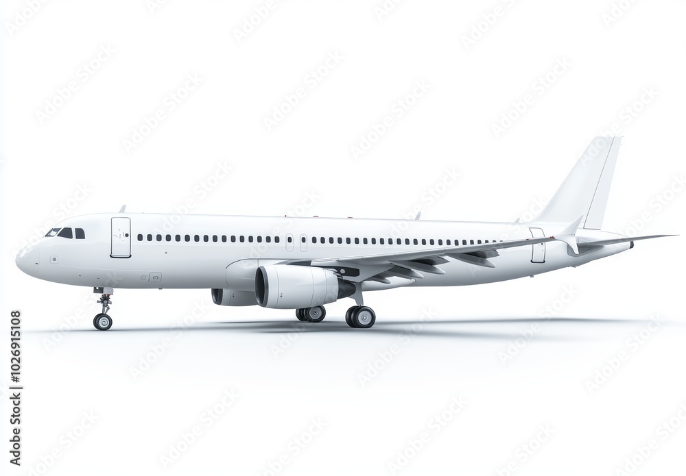 Fototapeta premium A white passenger airplane on a white background.