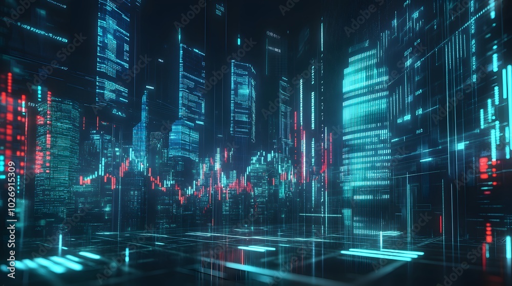 Stock graph rising steadily with a futuristic financial district backdrop Stock graph rising steadily with a futuristic financial district backdrop