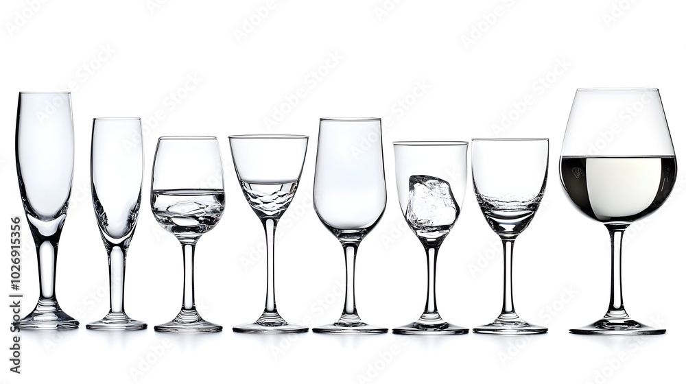 Set of Empty and Full Wine Glasses Isolated on White Set of Empty and Full Wine Glasses Isolated on White