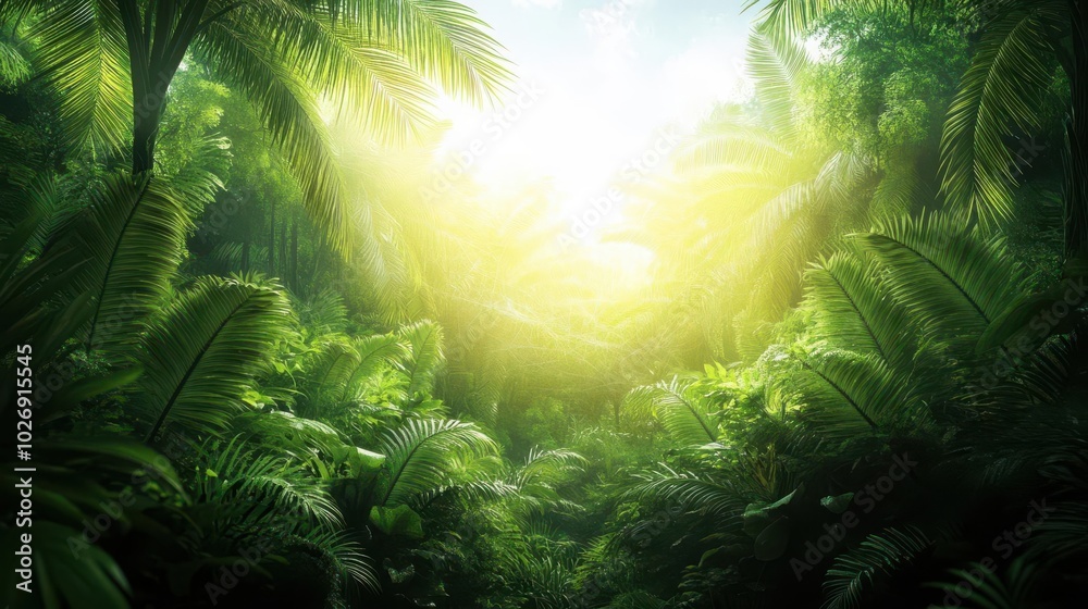 Obraz premium Lush tropical jungle with vibrant foliage and soft sunlight filtering through the leaves, creating a serene and peaceful atmosphere.