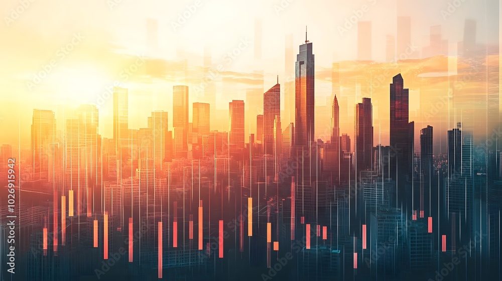 Stock market graph surging with skyscrapers and a financial cityscape Stock market graph surging with skyscrapers and a financial cityscape