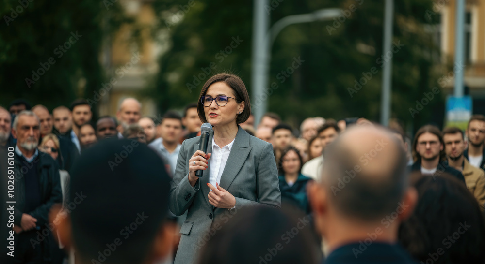 Obraz premium Woman doing a speech outdoor in front of a crowd.